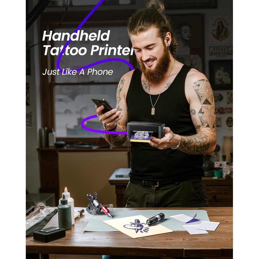 TATMUSUSE Tattoo Stencil Printer สําหรับผู้เริ่มต้น, Mini Tattoo Printer 30 ชิ้น, Bluetooth Stencil 