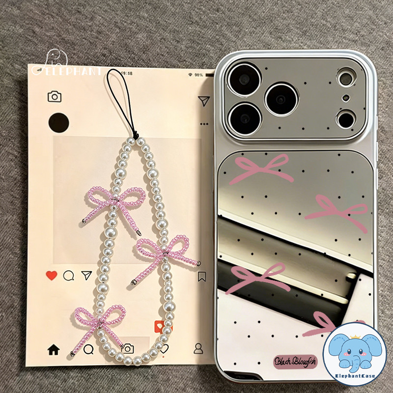 เคสกระจกพร้อมสร้อยข้อมือ ลายโบว์จุด สไตล์คลีน เหมาะสำหรับ IPhone 13 15 16 Air 11 17 12 14 Pro Max X XS XR 15 16 Plus