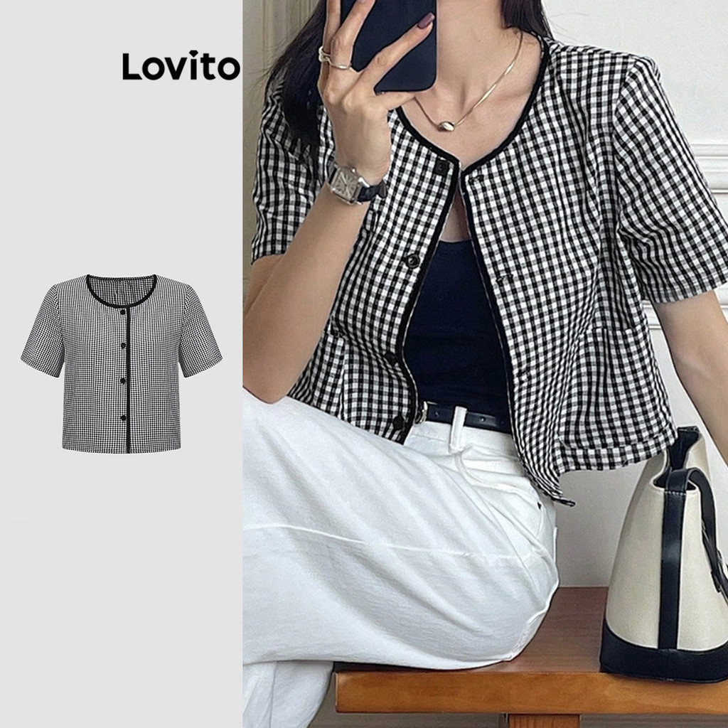 Lovito สง่างาม เสื้อเบลาส์ ลายสก็อต ผูกด้านหน้า สไตล์ สำหรับผู้หญิง เกาหลี อินเทรนด์ L114AD766