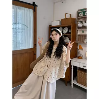mimi-เซต 2 ชิ้นดทันสมัยสำหรับผู้หญิง สวมใส่สบาย ประกอบด้วยเสื้อเชิ้ตคอกลมลายจุดและกางเกงขายาวขากว้างทรงหลวม#99540+41