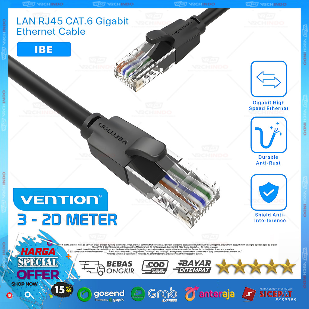 สายเครือข่าย LAN / สาย RJ45 / สายอินเตอร์เน็ต | Vention Cat 6 / Cat 6E 1M / 2M / 3M / 5M / 10M / 15M