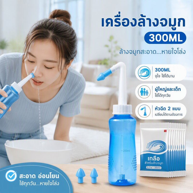 ชุดขวดล้างจมูก 300มล ชุดล้างน้ําเกลือ 10 ซองหัวฉีดเด็กผู้ใหญ่ หน้า ปลอดภัย