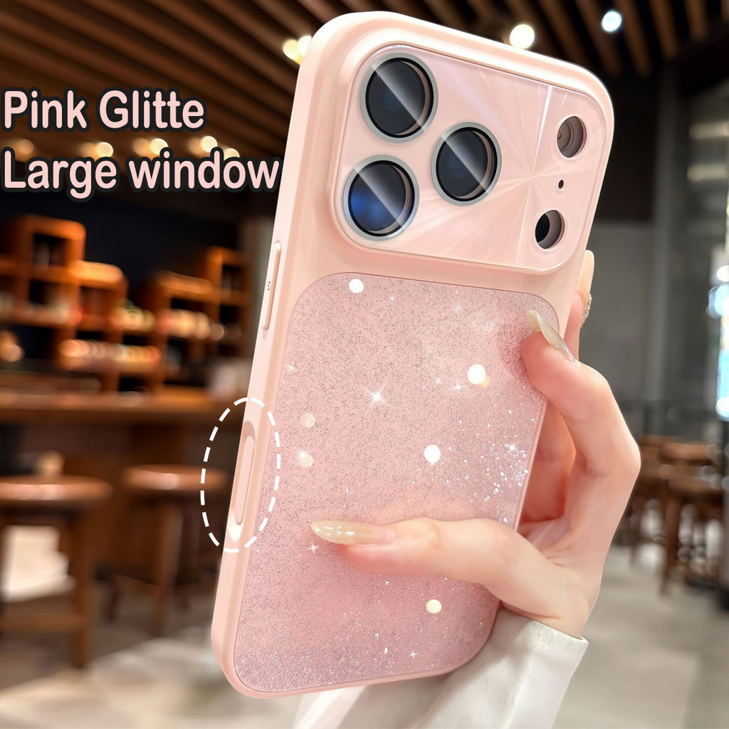 สีชมพูGlitteขนาดใหญ่หน้าต่างเลนส์สําหรับiPhone 11 12 13 14 15 16 17 Pro Maxกรณี14PRO 16PRO 15PROล้อมรอบอย่างเต็มที่กันกระแทกขอบนุ่มปกหลัง