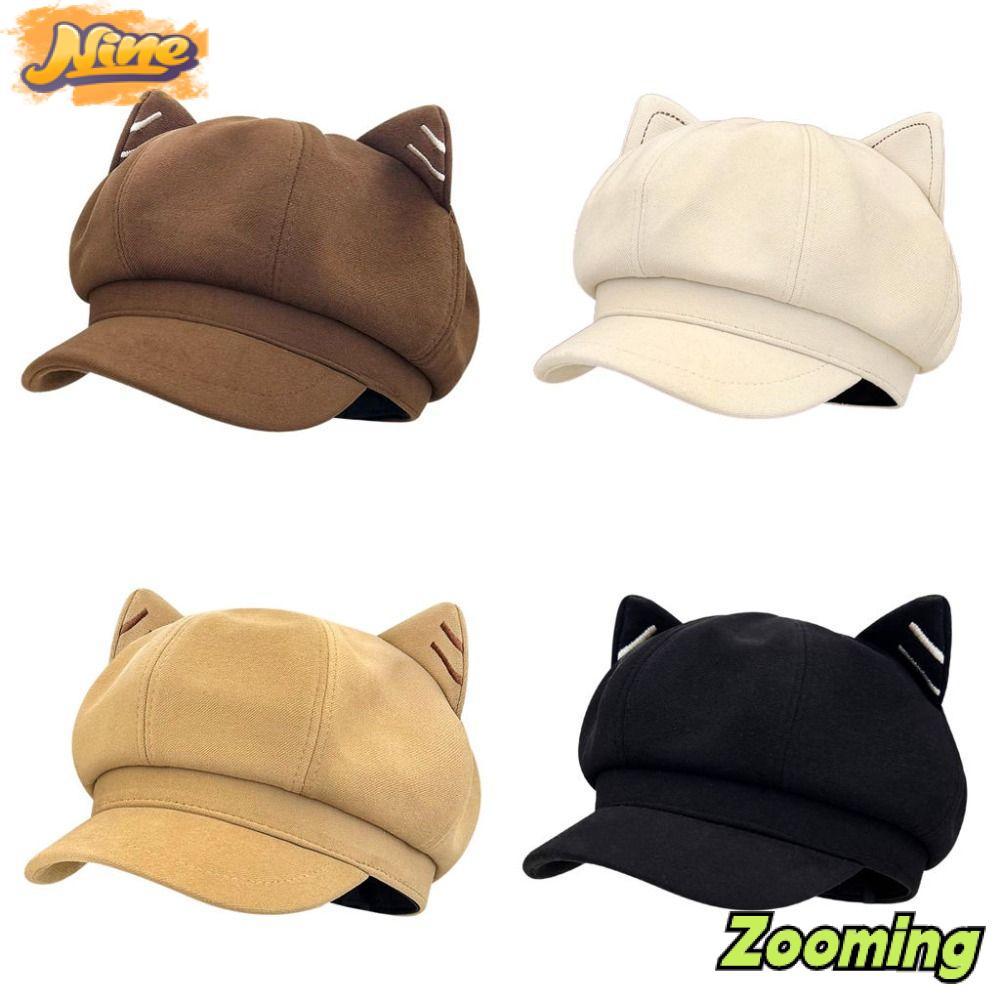 ZOOMING หมวก Newsboy ดีไซน์น่ารัก หมวกเบเร่ต์หูแมวสไตล์ญี่ปุ่น โชว์หน้า ผ้าทําด้วยผ้าขนสัตว์ ทรงหูแมว หมวก Y2K ใช้ทุกวัน