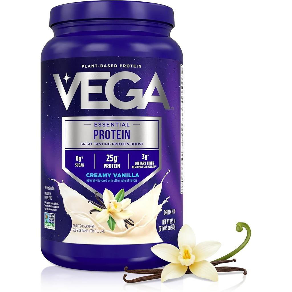 Vega Essential Protein – ผงโปรตีนจากพืช 25 กรัม, วานิลลาครีม, วีแกนสําหรับเขย่าวานิลลาปราศจากนม – อ่