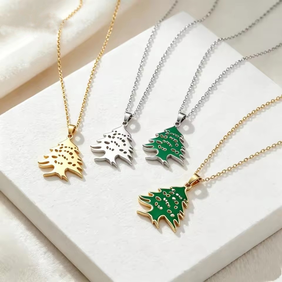 Cross-Border Hot Color Lebanon Cedar จี้สร้อยคอ Unisex แฟชั่นไทเทเนียมเหล็กคู่สร้อยคอสแตนเลส