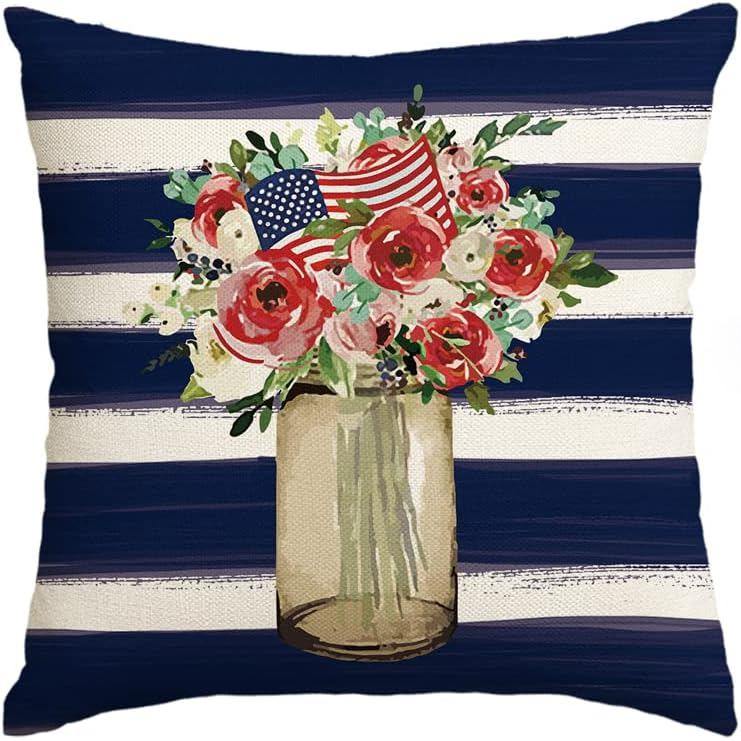 AVOIN colorlife Patriotic 4th of July Flower Stripes Throw Pillow Cover,18 x 18 นิ้วหมอนรักชาติ Inde