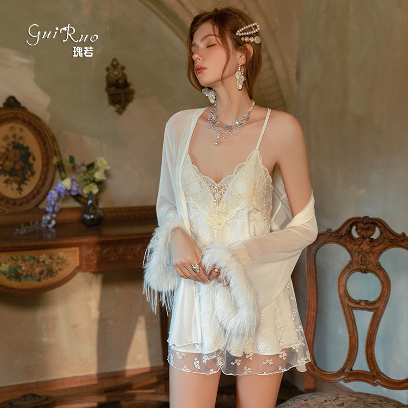 [ผลิตภัณฑ์ใหม่] เซ็กซี่ลึก V Halter Lace Pure Desire ผ้ากอซพร้อมแผ่นรองหน้าอก Nightdress Robe ชุดอยู