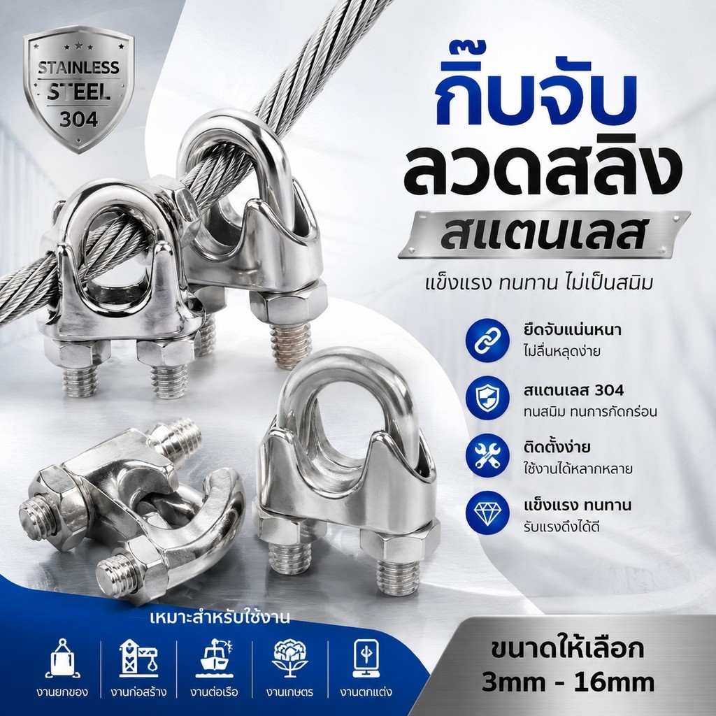กิ๊บจับลวดสลิง กิ๊บล็อคสลิง แคมป์ล็อคสลิง สแตนเลส ขนาด M3/M5/M6/M8/M10/M12 พร้อมส่ง #AQ-0031