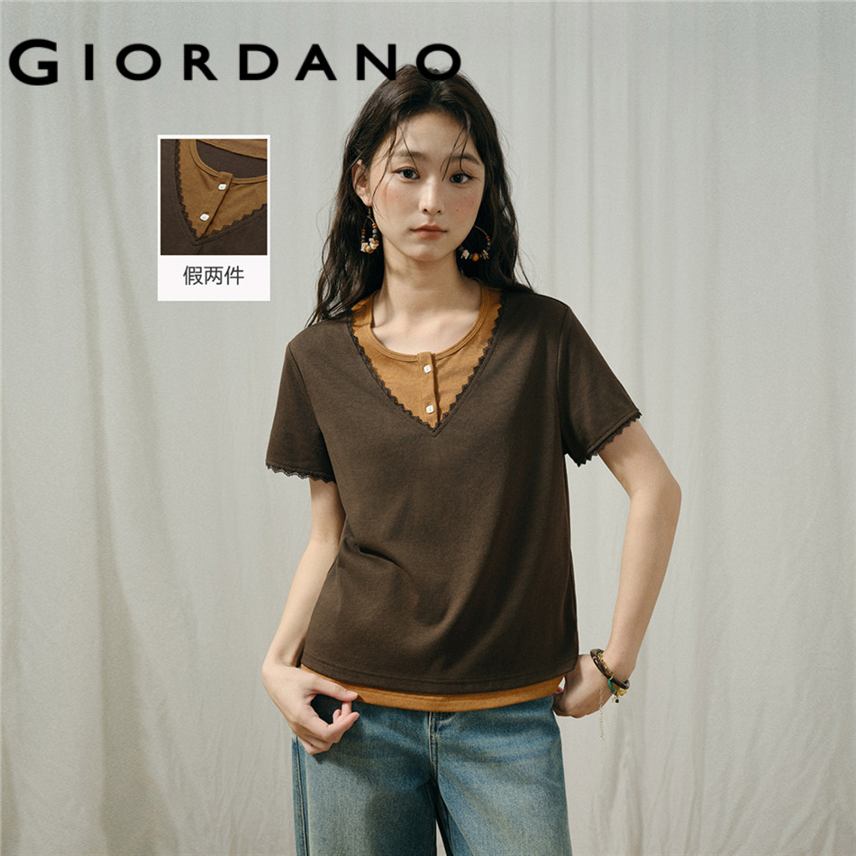 GIORDANO WOMEN Fake two-piece lace trim short sleeve tee 18326824