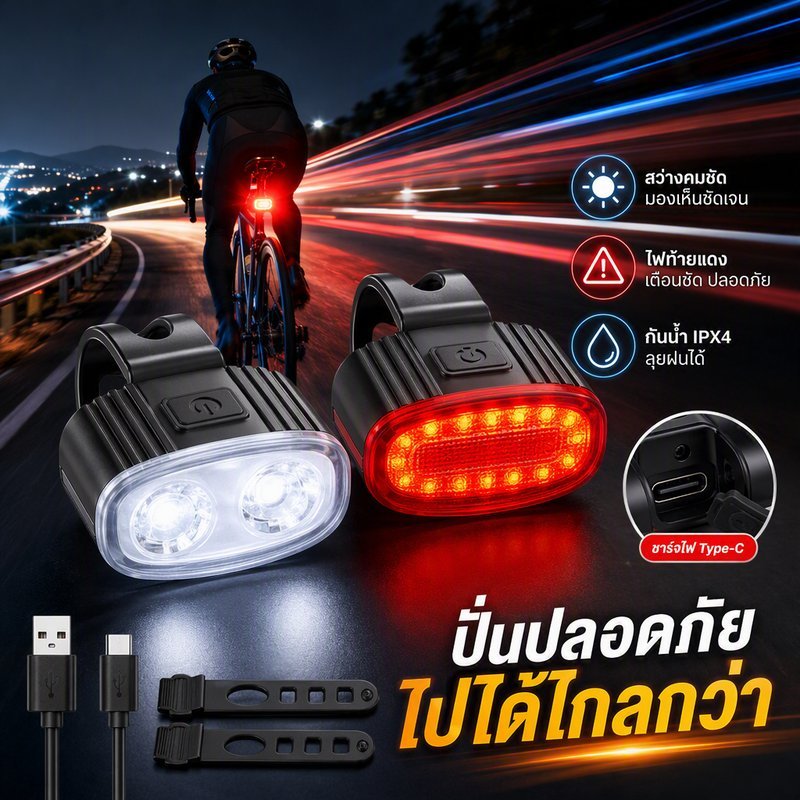 ไฟหน้าหลังจักรยานอัจฉริยะ ไฟท้ายจักรยาน LED ชาร์จ Type C กันน้ำ IPX4 2000 ลูเมน