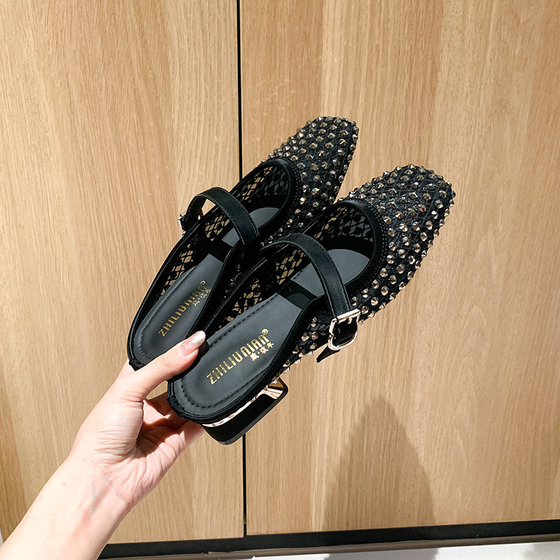 777-P1 ตาข่าย 2026 ฤดูร้อนสไตล์ใหม่สแควร์ Toe ส้นหนา Rhinestone รองเท้าผู้หญิง L3V8