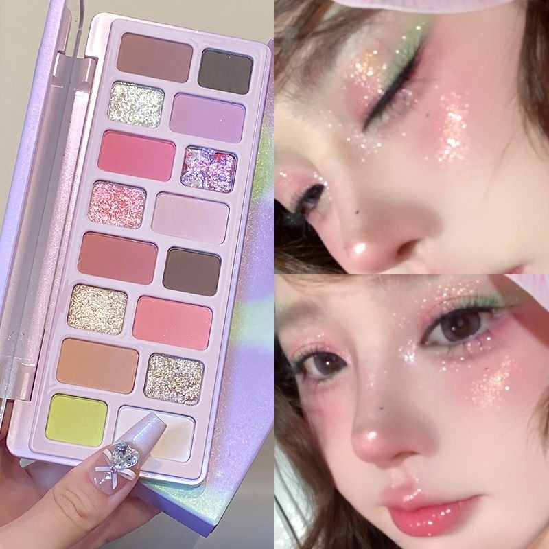 Chuqing Sweet Guava Pink Green Diamond Eye Makeup พาเลทอายแชโดว์ 16 สี Matte Pearlescent Grapefruit 