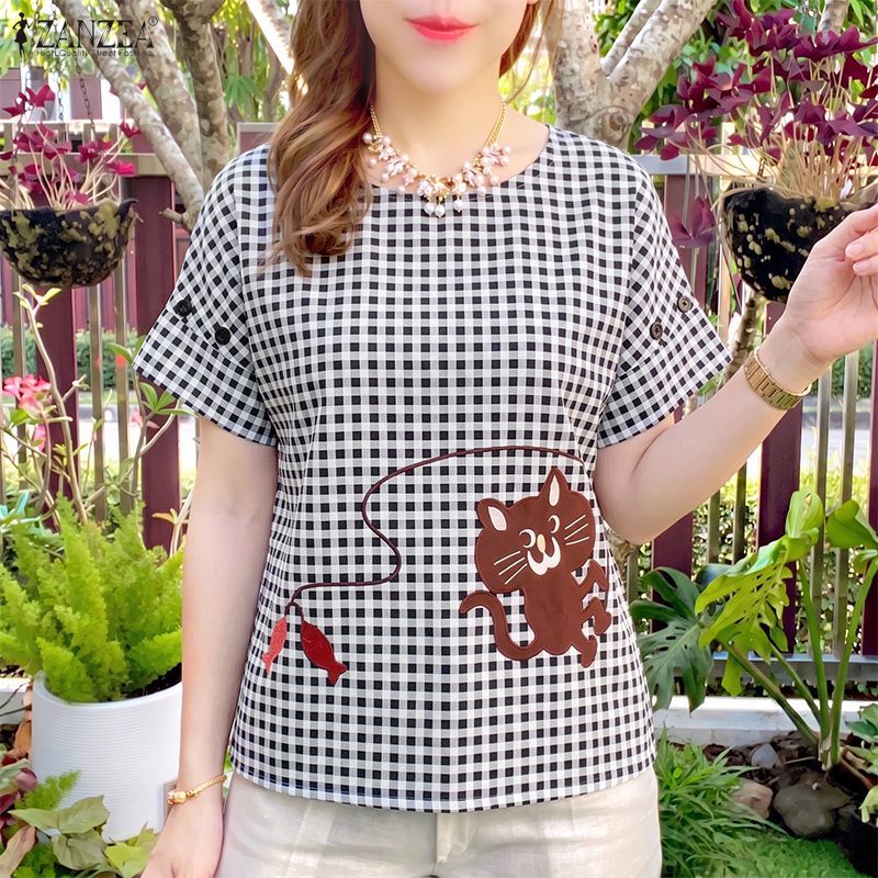 ZANZEA ผู้หญิงเกาหลีวินเทจ Kawaii ลูกเรือคอ Raglan แขนการ์ตูนพิมพ์ลายสก๊อตเสื้อหลวม — صورة 4