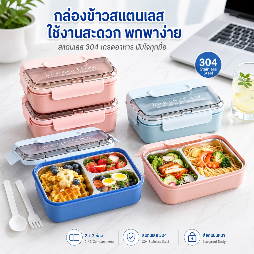 กล่องข้าวสแตนเลส 304 PP แบ่ง 2/3 ช่อง กันรั่ว เข้าไมโครเวฟได้ พร้อมช้อนตะเกียบ ถ้วยซุป พกพา มินิมอล