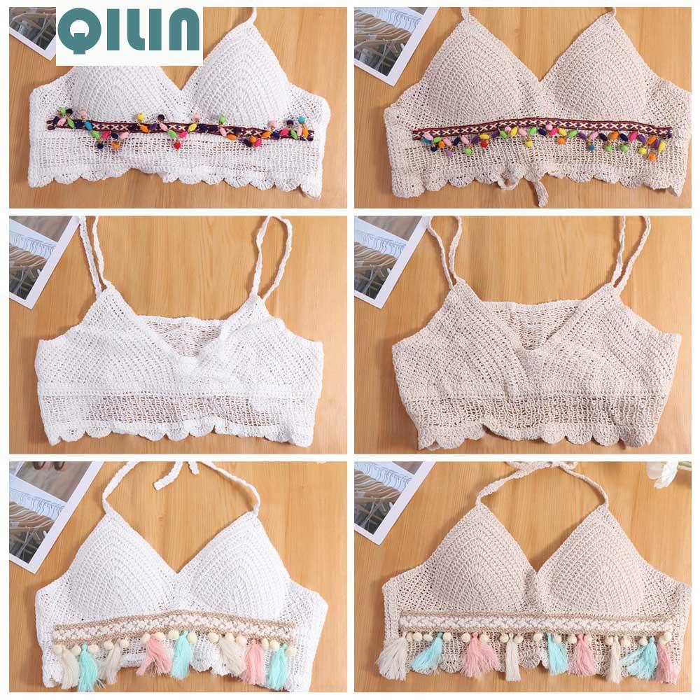 QILIN หญิงโครเชต์ Camisole,แขนกุด Slim Bohemian สไตล์เสื้อกั๊ก,ยืดหยุ่นสั้น V คอร้อนเสื้อถัก Crop To