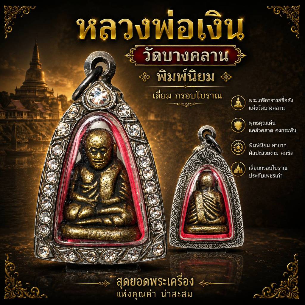K052 รูปหล่อ หลวงพ่อเงิน วัดบางคลาน พิจิตร พิมพ์นิยม เนื้อโลหะ  ขนาด 2.0X4.5 ซม. กรอบพระ โบราณ