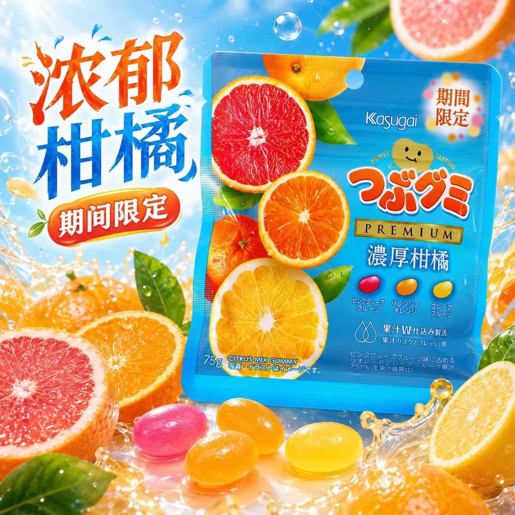 ญี่ปุ่นนําเข้าขนมkasugai kasugai Rich Citrus Flavour Gummy Casual Candy Limited Time 75g26 26 21