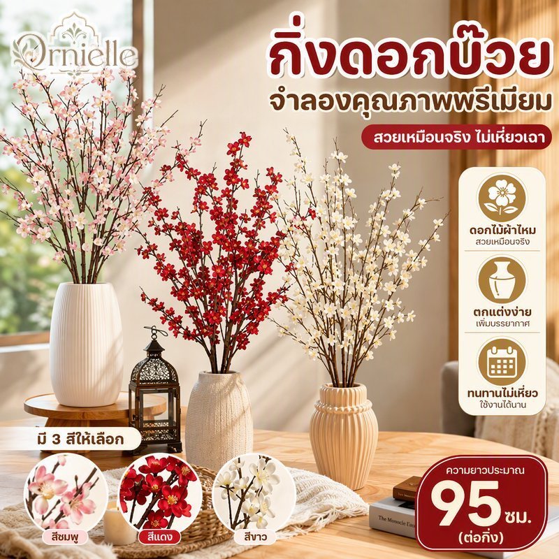 สาขาดอกพลัมประดิษฐ์ดอกไม้ผ้าไหมตกแต่งบ้านสมจริงทนทานแจกันแสดง