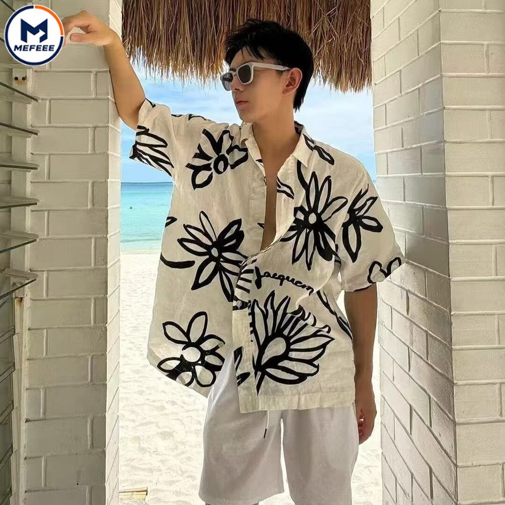 MEFEEE เสื้อโปโลผู้ชาย คอคิวบา ผ้าฝ้ายพรีเมียม ลายดอกไม้สไตล์วินเทจเกาหลี ระบายอากาศได้ ใส่สบาย