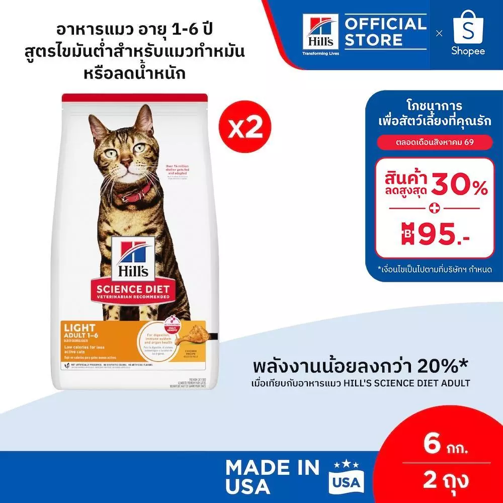 [เซตสุดคุ้ม] Hill's Science Diet อาหารแมว อายุ 1-6 ปี สูตรไขมันต่ำสำหรับแมวทำหมันหรือลดน้ำหนัก ขนาด 6 กก. (2 ถุง)