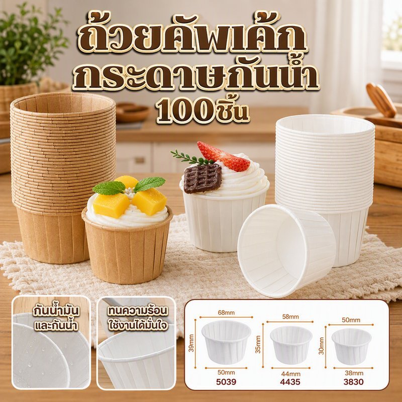 ถ้วยคัพเค้ก กระดาษรองอบ ขอบม้วน เคลือบกันน้ำมัน ทนความร้อนสูง ใช้ทำมัฟฟิน เบเกอรี่
