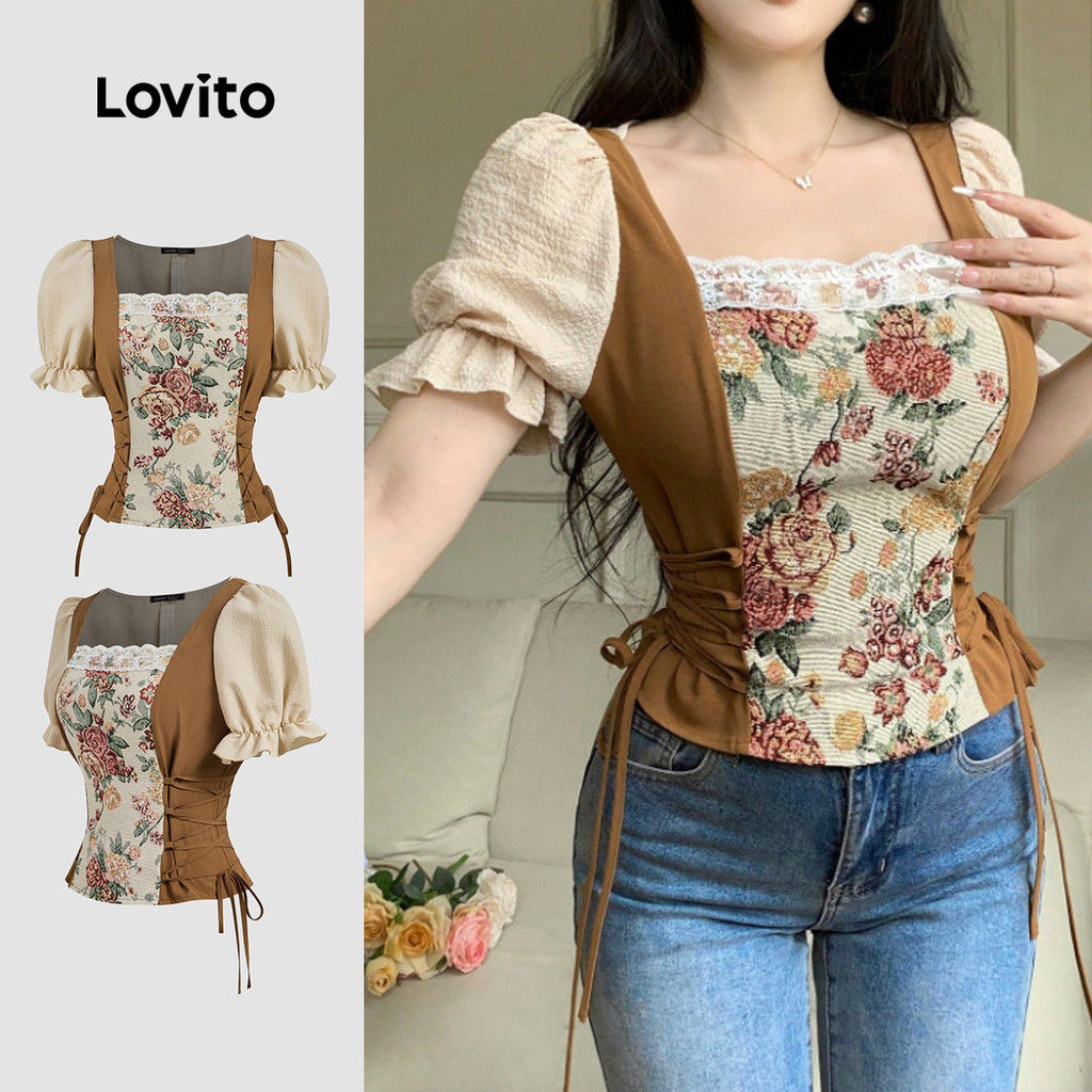 Lovito เสื้อเชิ้ตแขนสั้นทรงพอง คอเหลี่ยม สไตล์เกาหลี ลายดอกไม้ ลำลอง ผูกเชือกด้านข้าง สีตัดกัน เหมาะสำหรับฤดูใบไม้ผลิ/ฤดูร้อน สำหรับผู้หญิง LR23E002