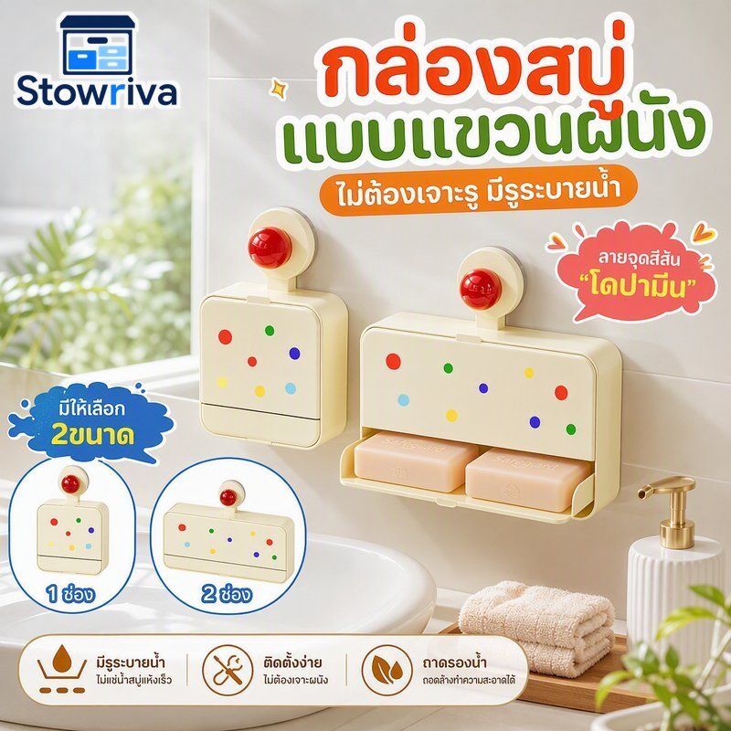 ติดผนังจานสบู่กล่องไม่มีการเจาะถ้วยดูดท่อระบายน้ําถาดที่ถอดออกได้การ์ตูนน่ารักจุด