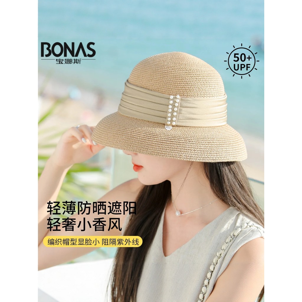 BONAS BONAS หมวกฟางมุกหญิง Hepburn สไตล์หมวกกันแดดขนาดเล็ก Elegant Vacation Beach Sun หมวก
