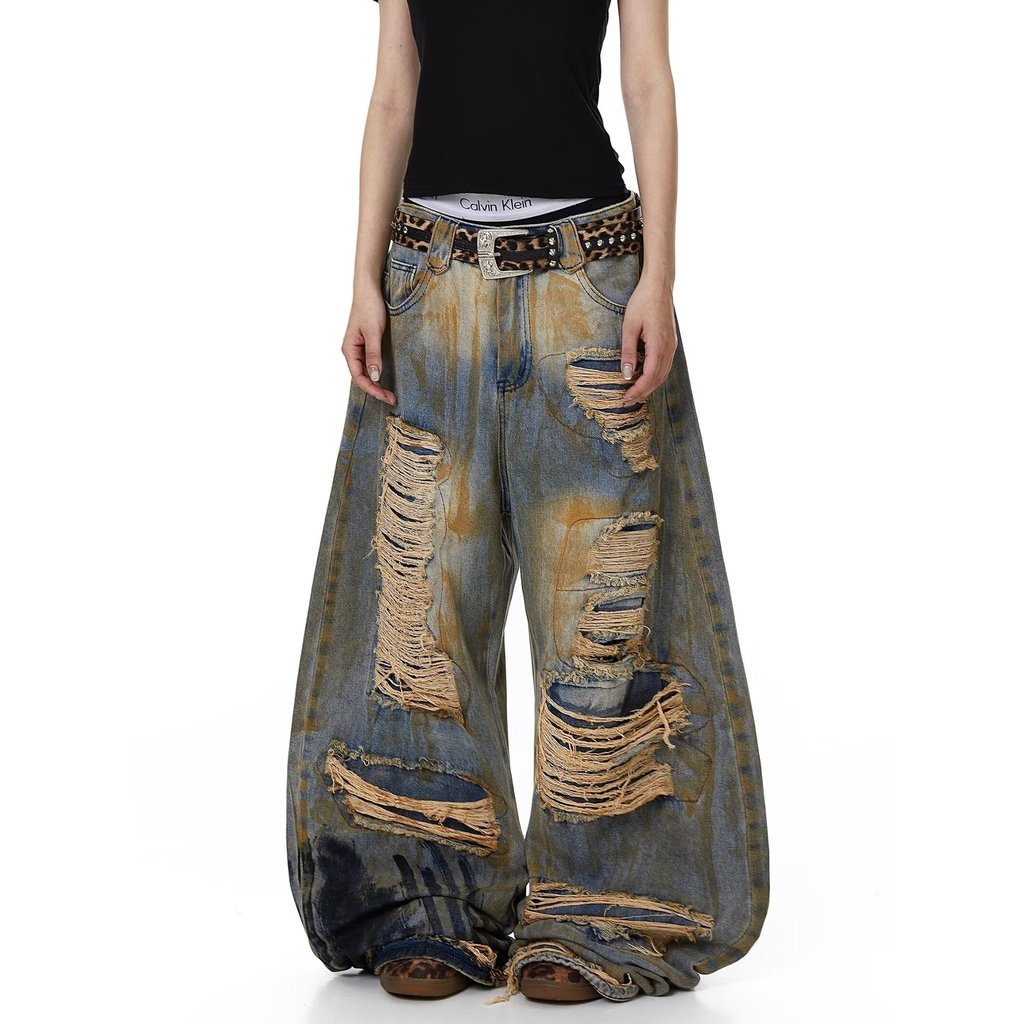 American High Street Ripped Jeans Women Retro Dirty Dyed Wide Pants
