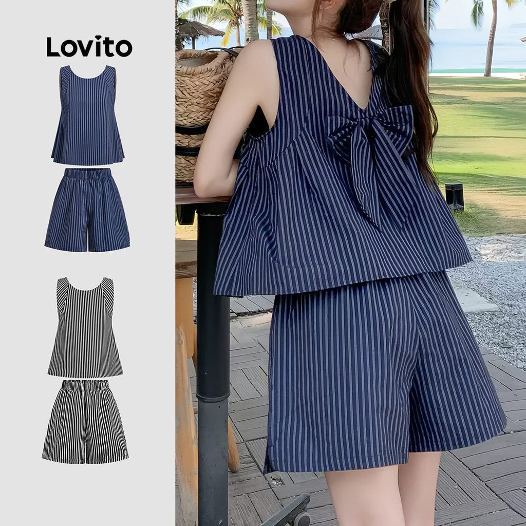 Lovito แคชชวล ชุดกางเกงขาสั้นลายเรขาคณิตสำหรับฤดูใบไม้ผลิ/ฤดูร้อน L137ED118