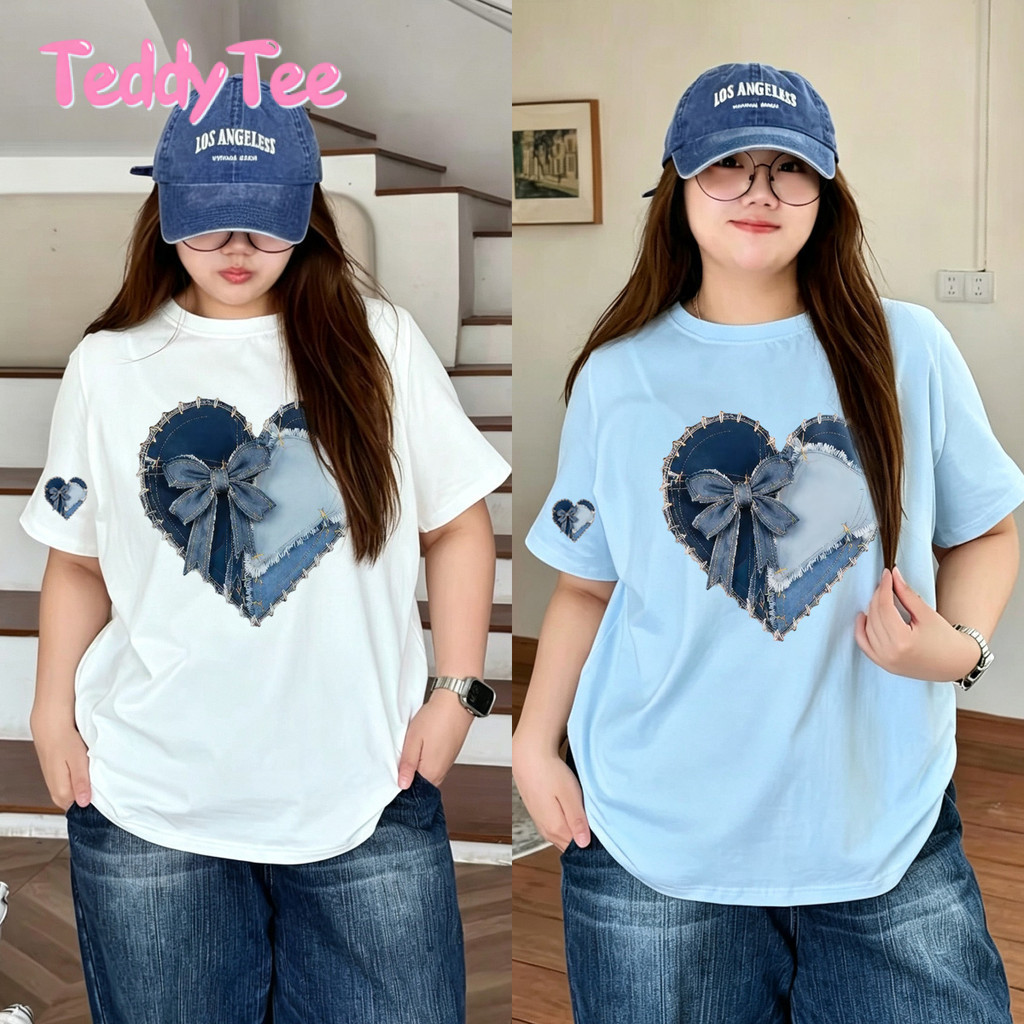 TeddyTee เสื้อยืด oversize ผ้าคอตตอน100% เสื้อน่ารัก เสื้อสาวอวบ พลัสไซส์ โคตรนุ่ม "Bow Heart"【COD】