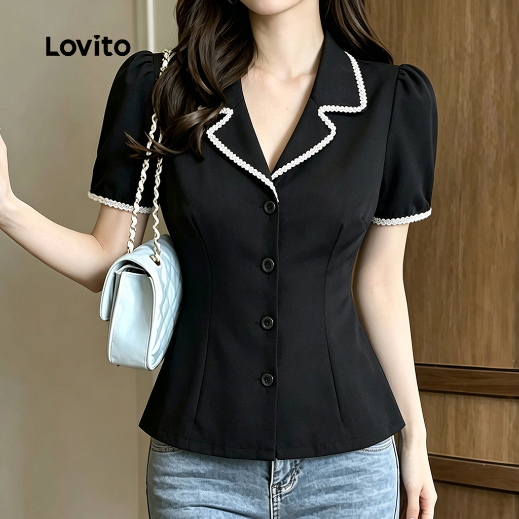 Lovito بلوزة نسائية سوداء بدانتيل — صورة 3