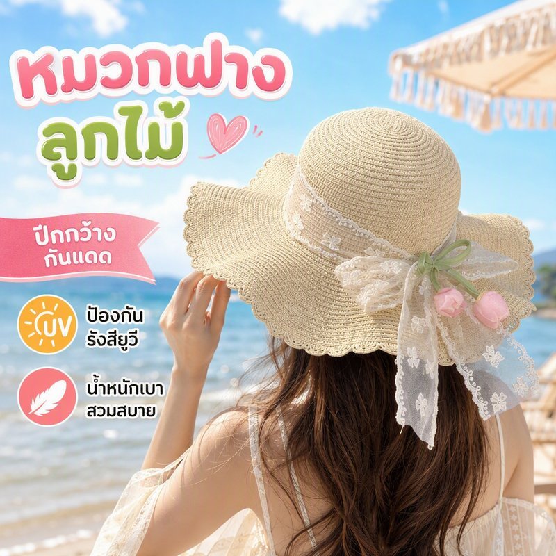 หมวกฟางลูกไม้ หมวก หมวกผู้หญิง หมวกฟาส หมวกฟาง ป้องกันรังสียูวี ปีกกว้าง แฟชั่น สำหรับวันหยุดชายหาด