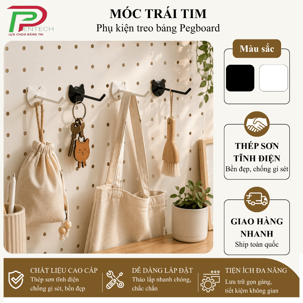 ตะขอหัวใจ ตะขอ Pegboard รูแขวนสะดวก ที่แขวนตกแต่ง | ขาว-ดํา