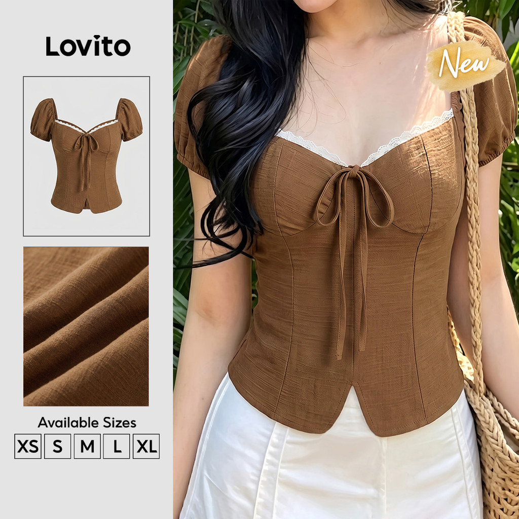 (New Arrival) Lovito เสื้อเชิ้ตผู้หญิงสีน้ําตาล แขนสั้น แบบเรียบ แบบผูกเชือก BLK9TD044