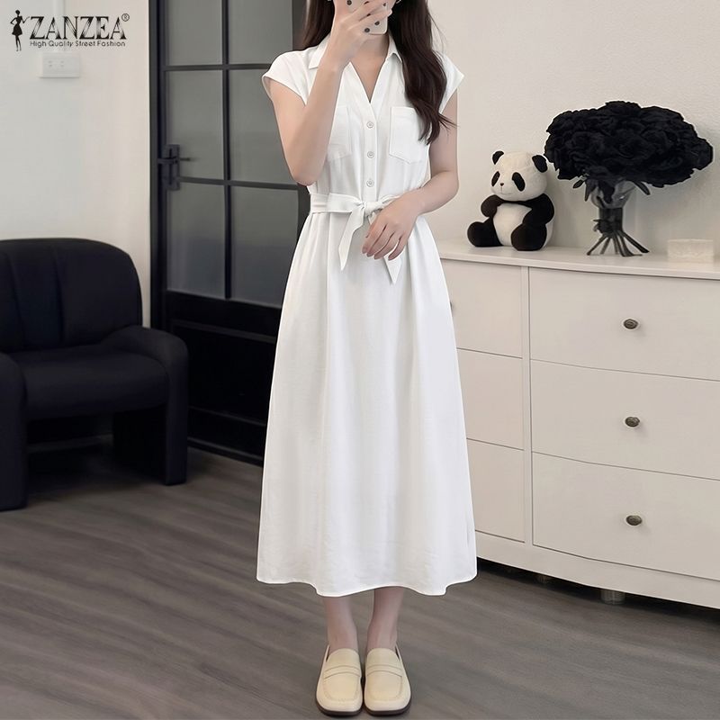 ZANZEA ชุดเดรสแขนสั้นปกแฟชั่นสตรีเกาหลีครึ่งตัว — صورة 5