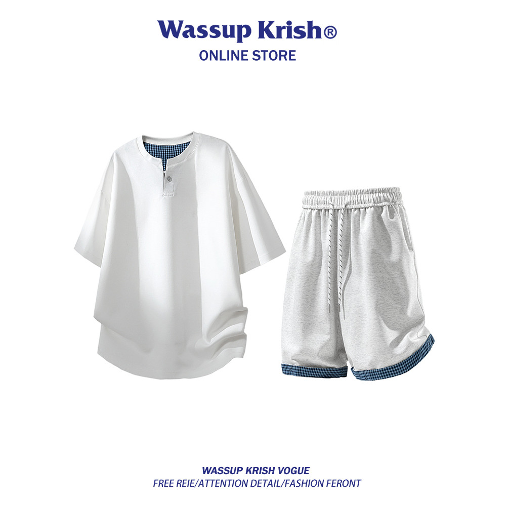 WASSUP KRISH ชุดสูทลําลองเรียบง่ายผู้ชายฤดูร้อนเสื้อโปโลแขนสั้นกางเกงขาสั้นสองชิ้นปลอมกีฬาชุดสูทสองช
