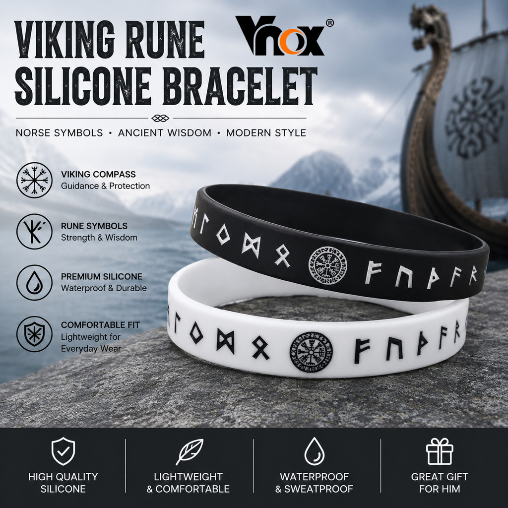Vnox สร้อยข้อมือซิลิโคน ยางนิ่ม 12 มม. สไตล์นอร์ดิก เข็มทิศ เครื่องประดับแฟชั่น สําหรับผู้ชาย