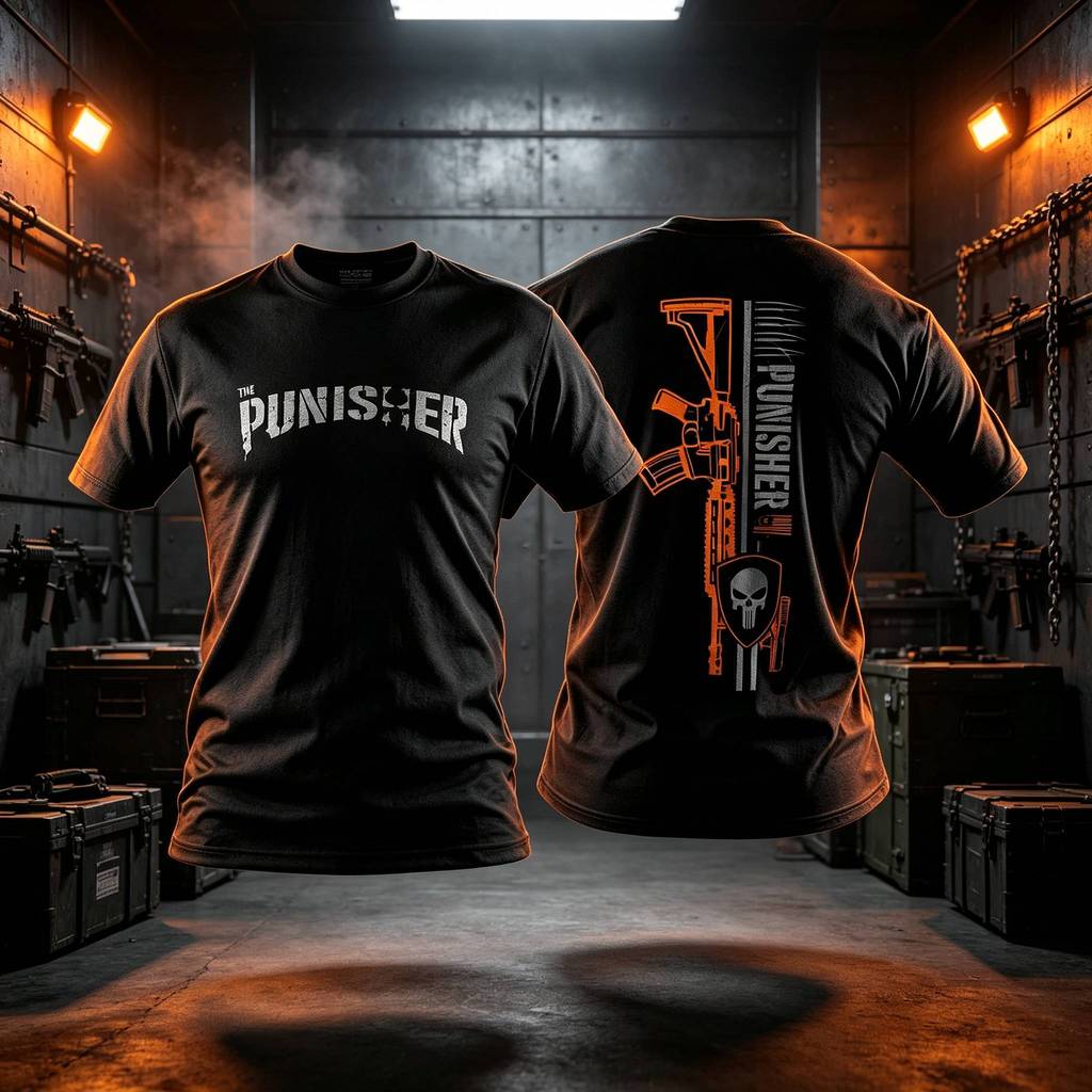 Punisher T‑SHIRT เสื้อยืดสีดำ ลายพิมพ์หน้าหลังสไตล์ทหาร เสื้อคอกลมแขนสั้น สำหรับผู้ชื่นชอบธีมทหาร