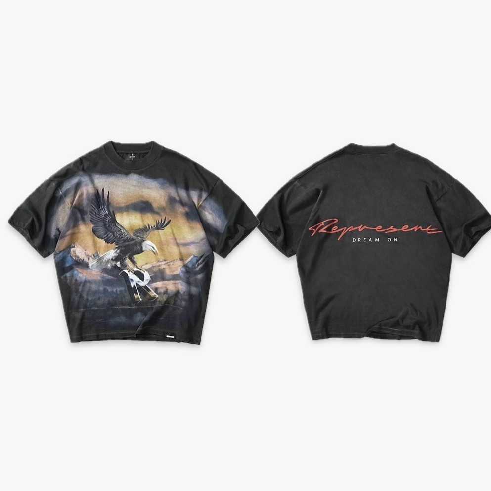 2RPE Represent Retro Mountains Eagle พิมพ์ล้าง Distressed หลวมรอบคอครึ่งแขนเสื้อยืด