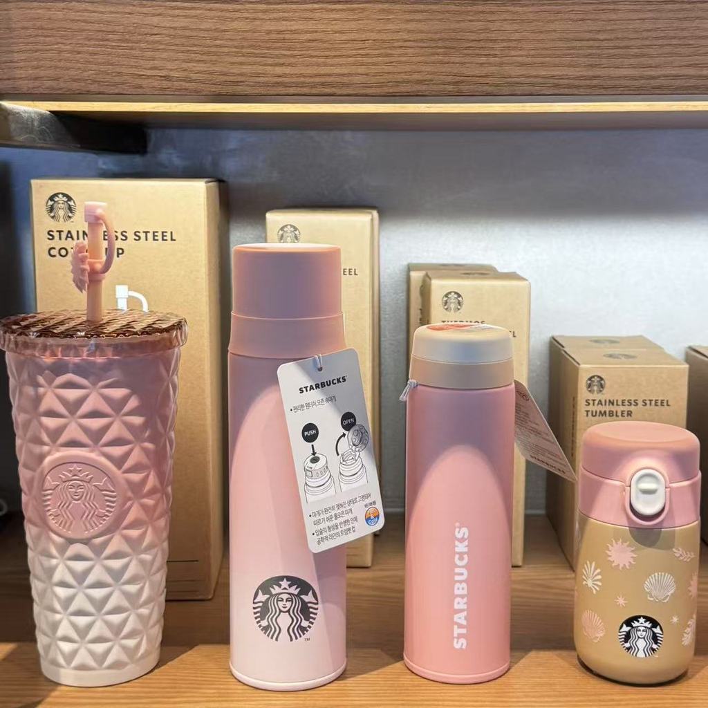 Jiyoon.Korea Direct Mail Starbucks 2025 Summer Limited สีชมพูสีฟ้า Thermos Cup Straw Mug พวงกุญแจ