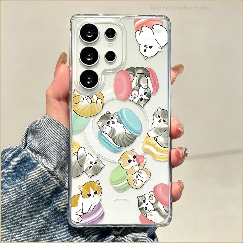 สำหรับ Samsung เคสป้องกันโทรศัพท์ มีMagnet เคสใสอะคริลิค PCแข็งขอบนุ่ม รูกล้องใหญ่ ลายแมวขนมหวานสไตล