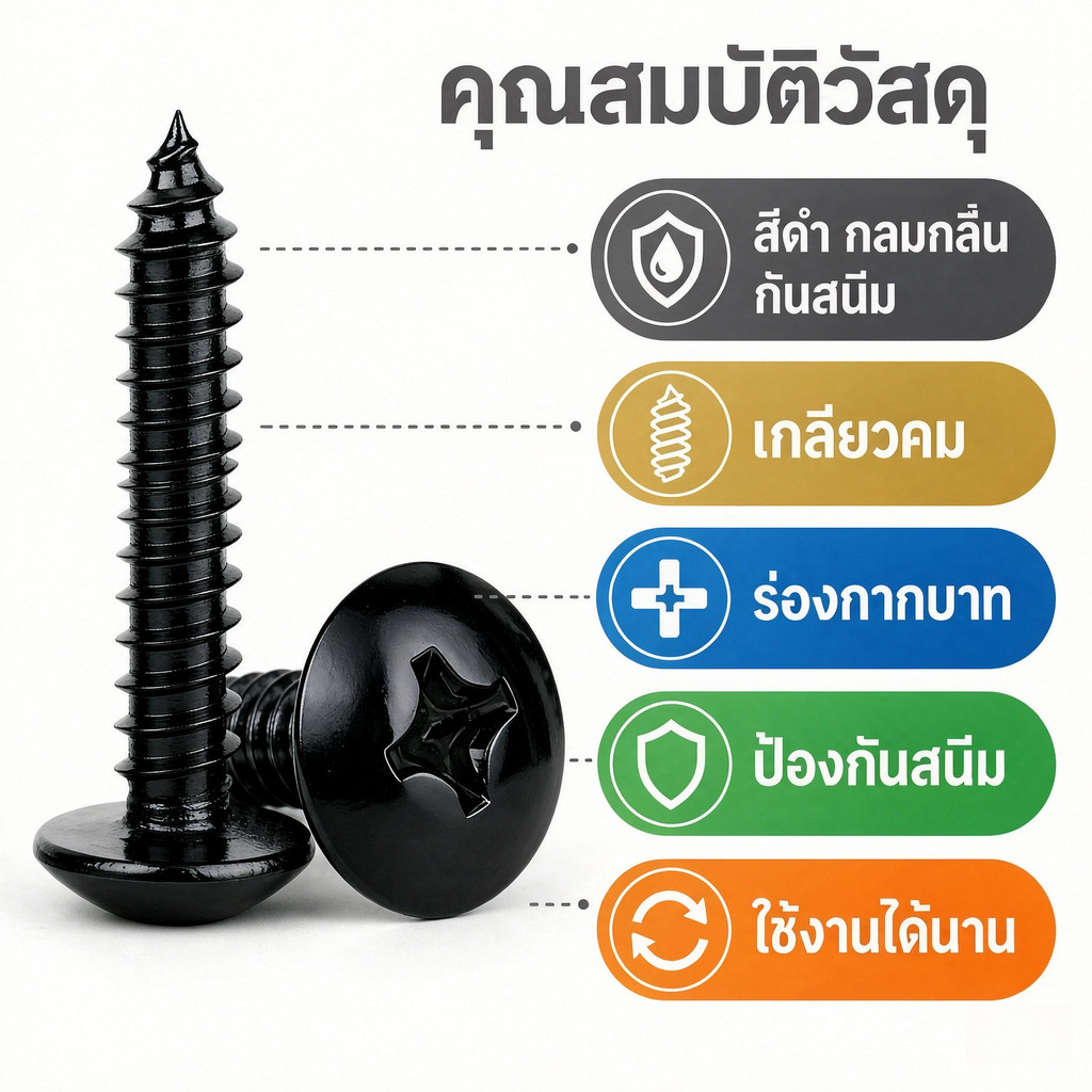 สีดำ เกลียวปล่อย หัวกระทะ JT+ แฉก สแตนเลส 304 M3 M3.5 M4 M5 M6 Truss Head Machine Screw Tapping SUS3