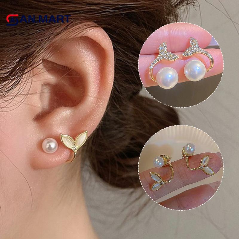 AN.MART ต่างหูมุก Fishtail อารมณ์เกาหลี Elegant Simple ต่างหูสําหรับผู้หญิงหู Studs TH
