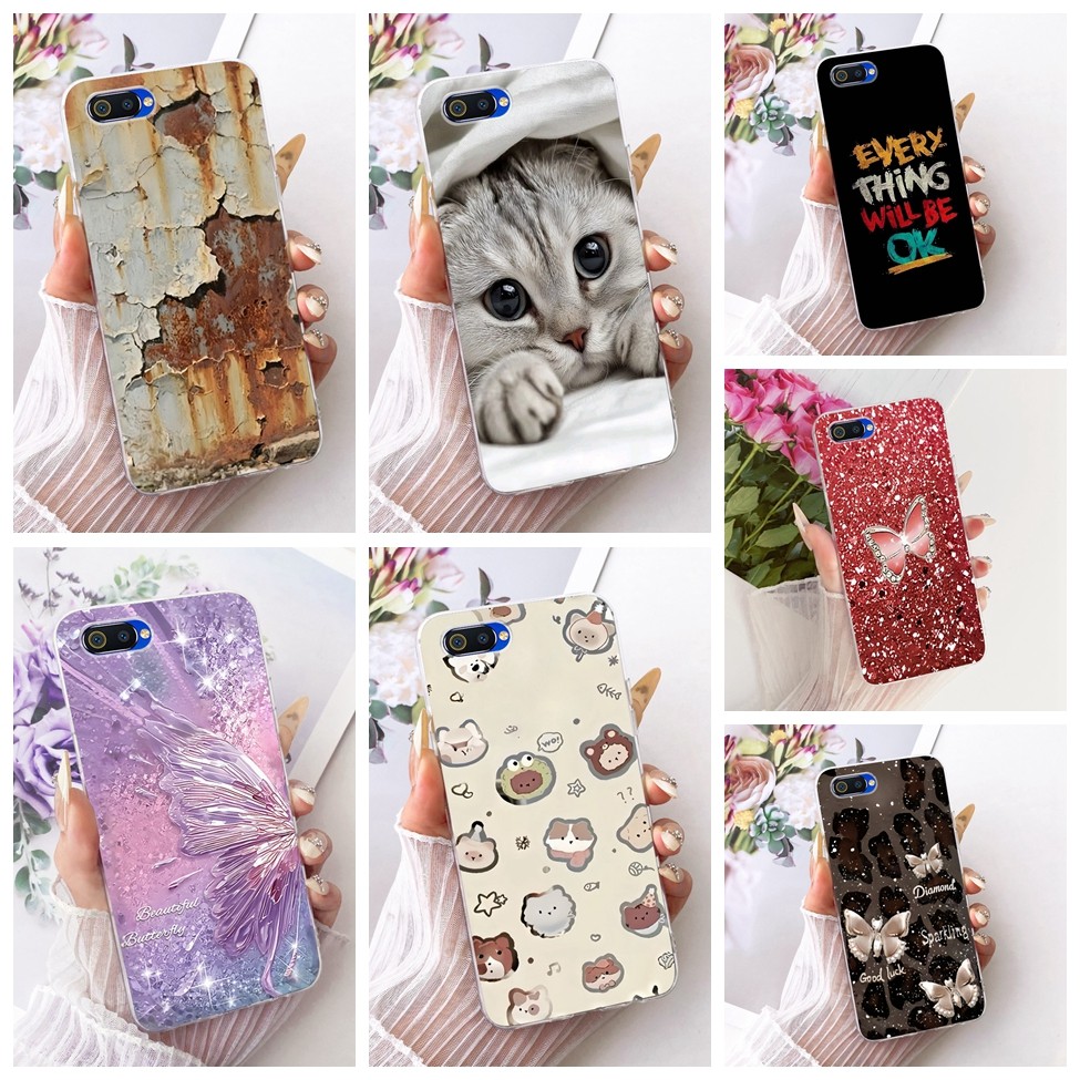 Clear สําหรับ Realme C2 กรณีน่ารักหรูหราดอกไม้ Cool ทาสีสําหรับ Realme RMX1943 RMX1945 RMX1941