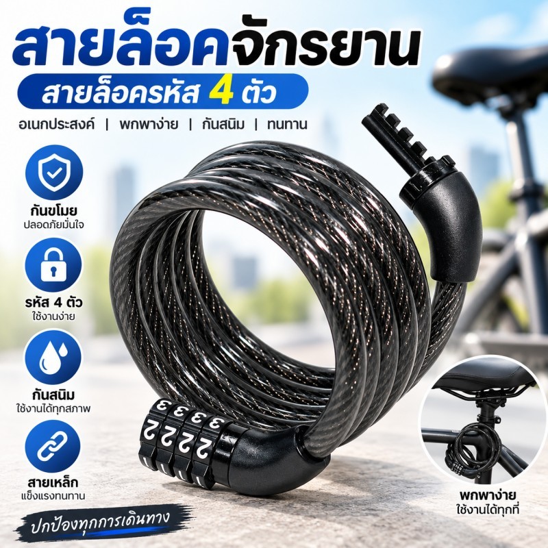 สายล็อคจักรยาน สายล็อครหัส4ตัว สายล็อคอเนกประสงค์ พกพาง่าย กันสนิม Cable Lock กันขโมย ทนทาน