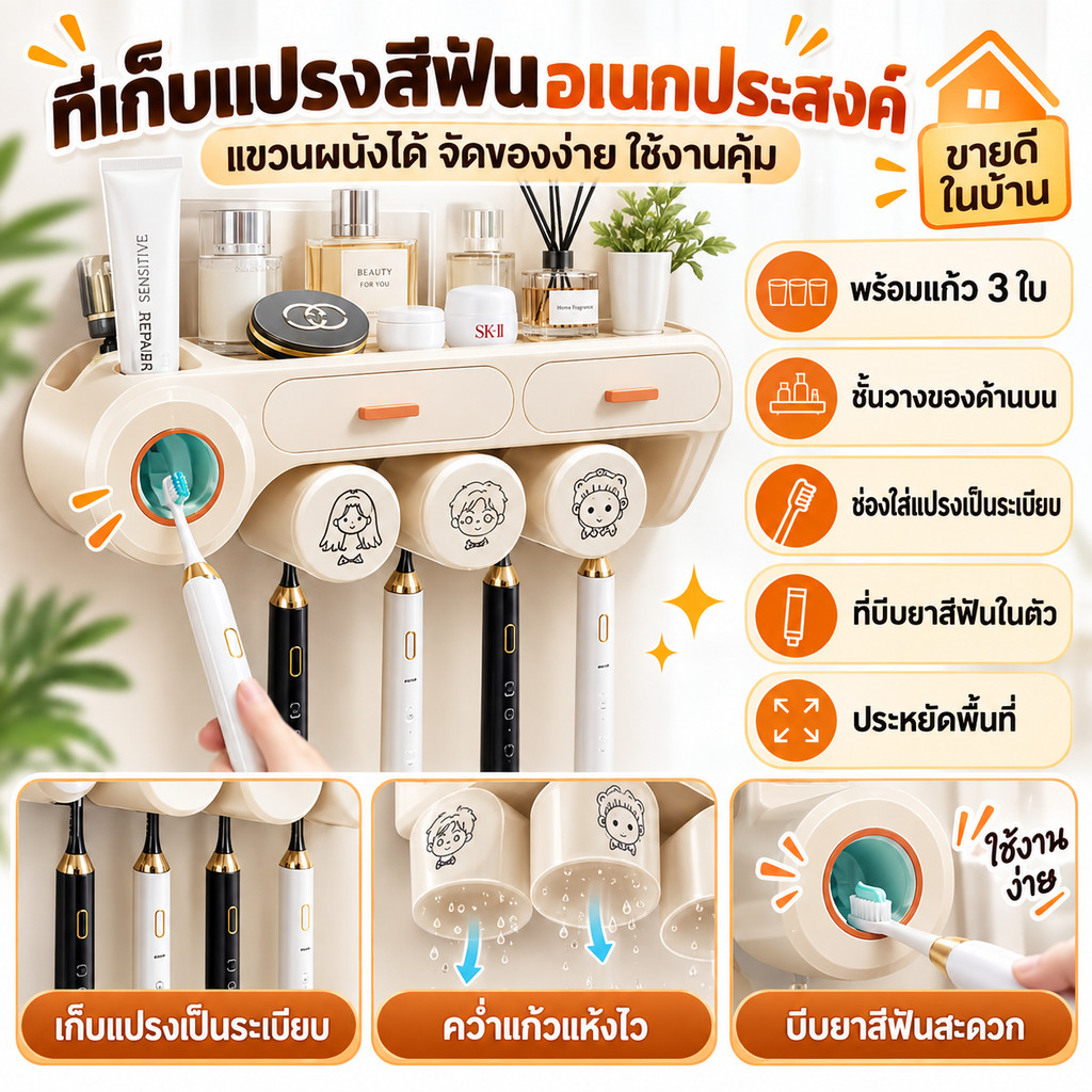 ชั้นวางของห้องน้ำสไตล์ครีม ติดผนังประหยัดพื้นที่ จัดแปรงสีฟันและสกินแคร์ได้ สวยและใช้งานง่าย