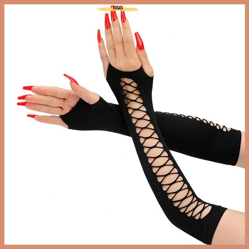 BSG Vintage Party คอสเพลย์ตาข่ายถุงมือยืดไนท์คลับเต้นรํา Half-Finger สนุก Fishnet Mittens ผู้หญิงยาว