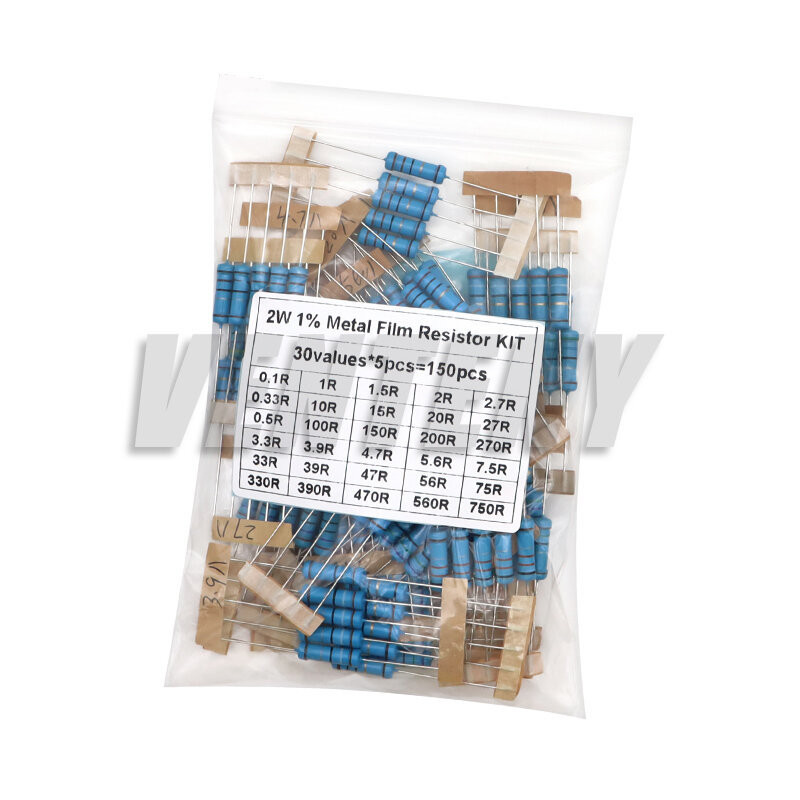 300PCS 150PCS 1/2W 1W 2W 3W ความต้านทาน 1% โลหะฟิล์ม Resistor Assortment Kit ชุด 30 ค่า 1K ~ 820K 1R